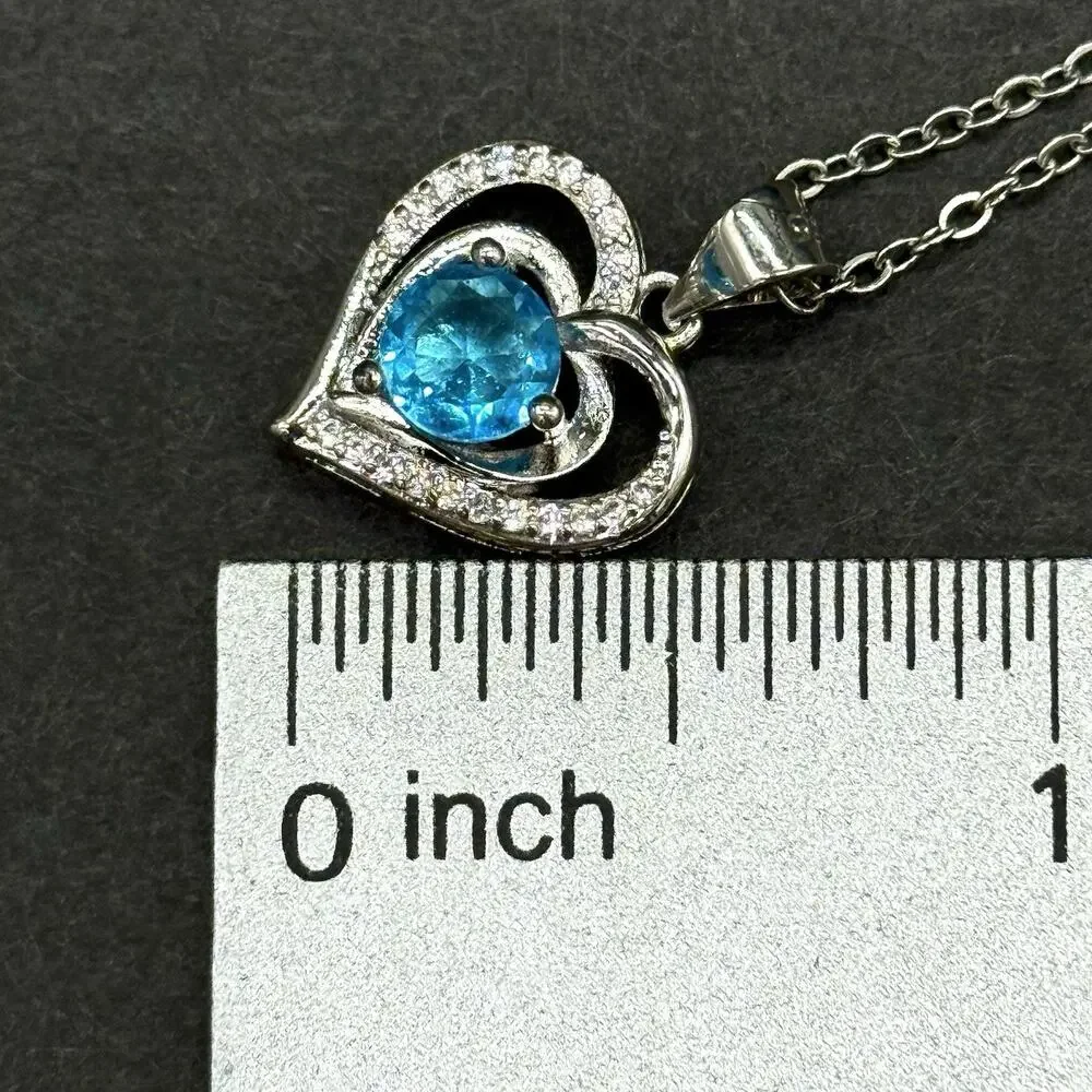 Silver Tone Watch Heart Necklace Set 2 Pc Rhinestone Faux Blue Fire Opal NEW